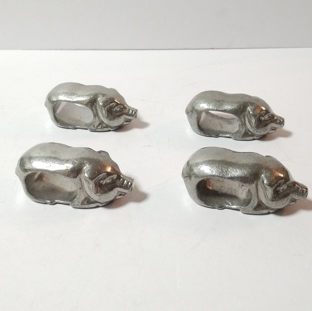 Lot of 4 Pig Pewter Napkin Ring Holders Set Vintage Pig Napkin Rings